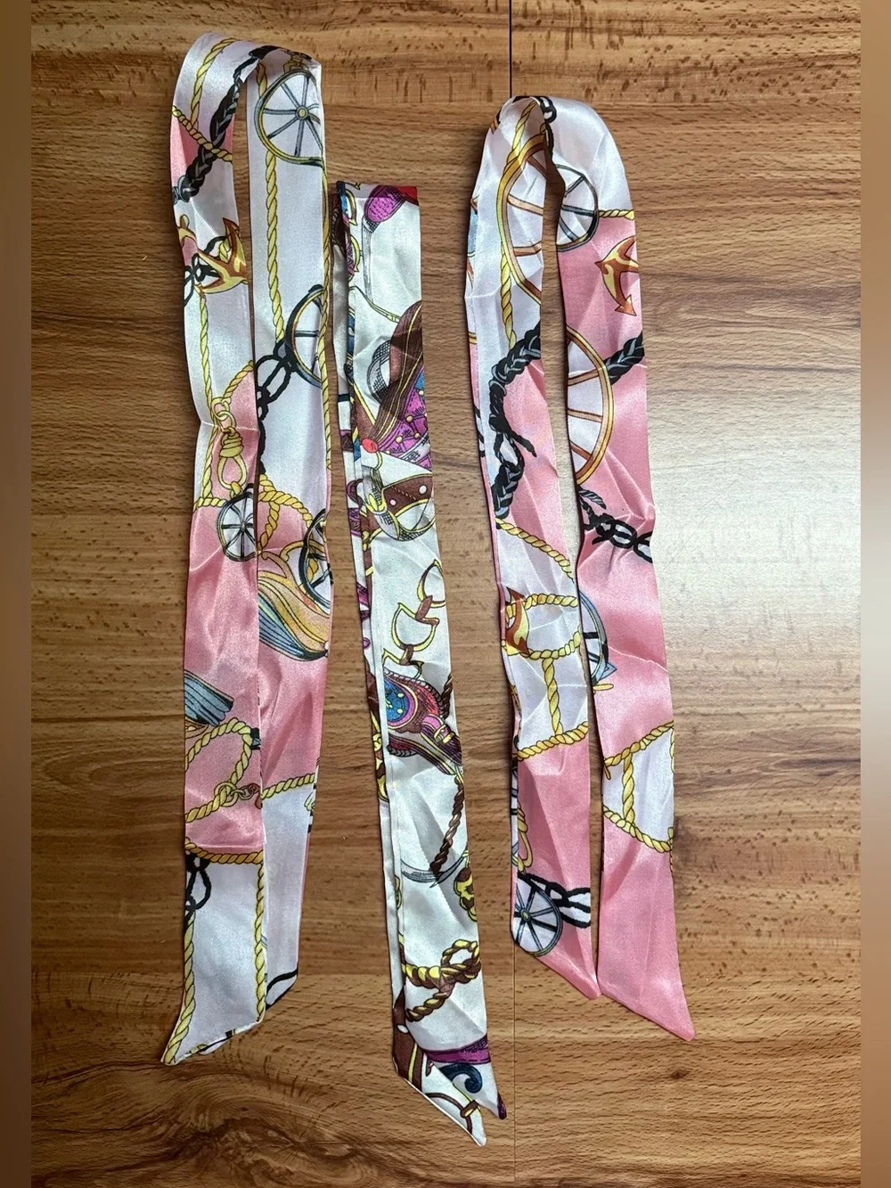 Satin Set of 3 Silky Pink Chain & Equestrian Print Scarf Ribbon Hair Tie